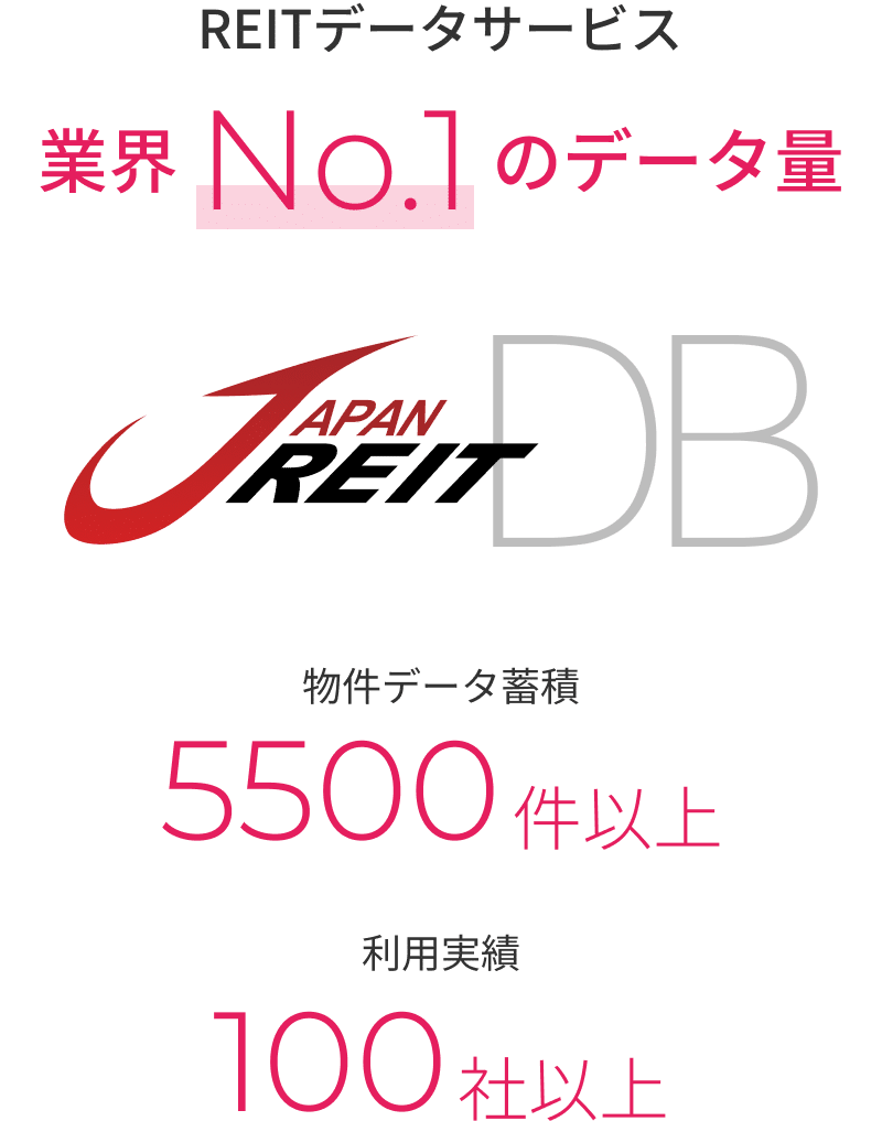 REITデータサービス 業界No.1のデータりょう Japan REIT DB 物件データ蓄積 5500件以上 利用実績 100社以上
